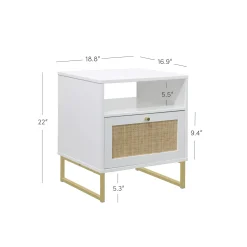 Rattan & Wood Storage Nightstand White