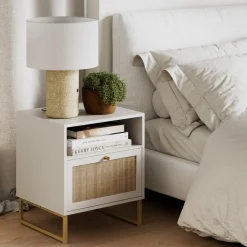 Rattan & Wood Storage Nightstand White