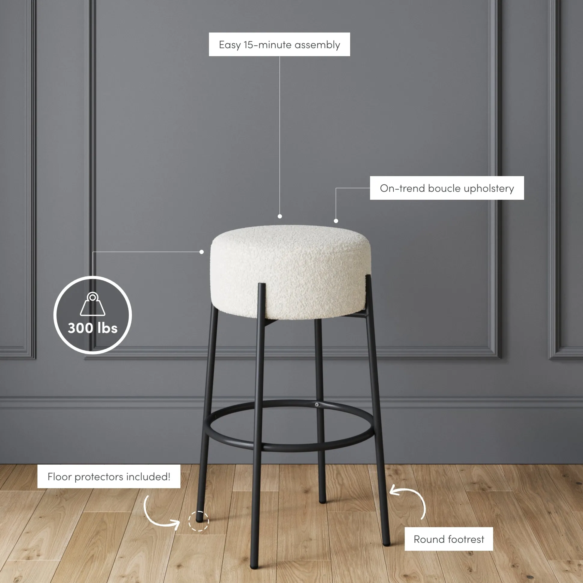 Round Boucle Backless Bar Stools (Set of 2)