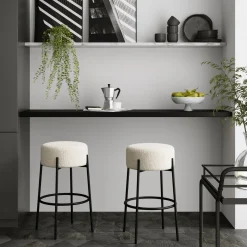 Round Boucle Backless Bar Stools (Set of 2)