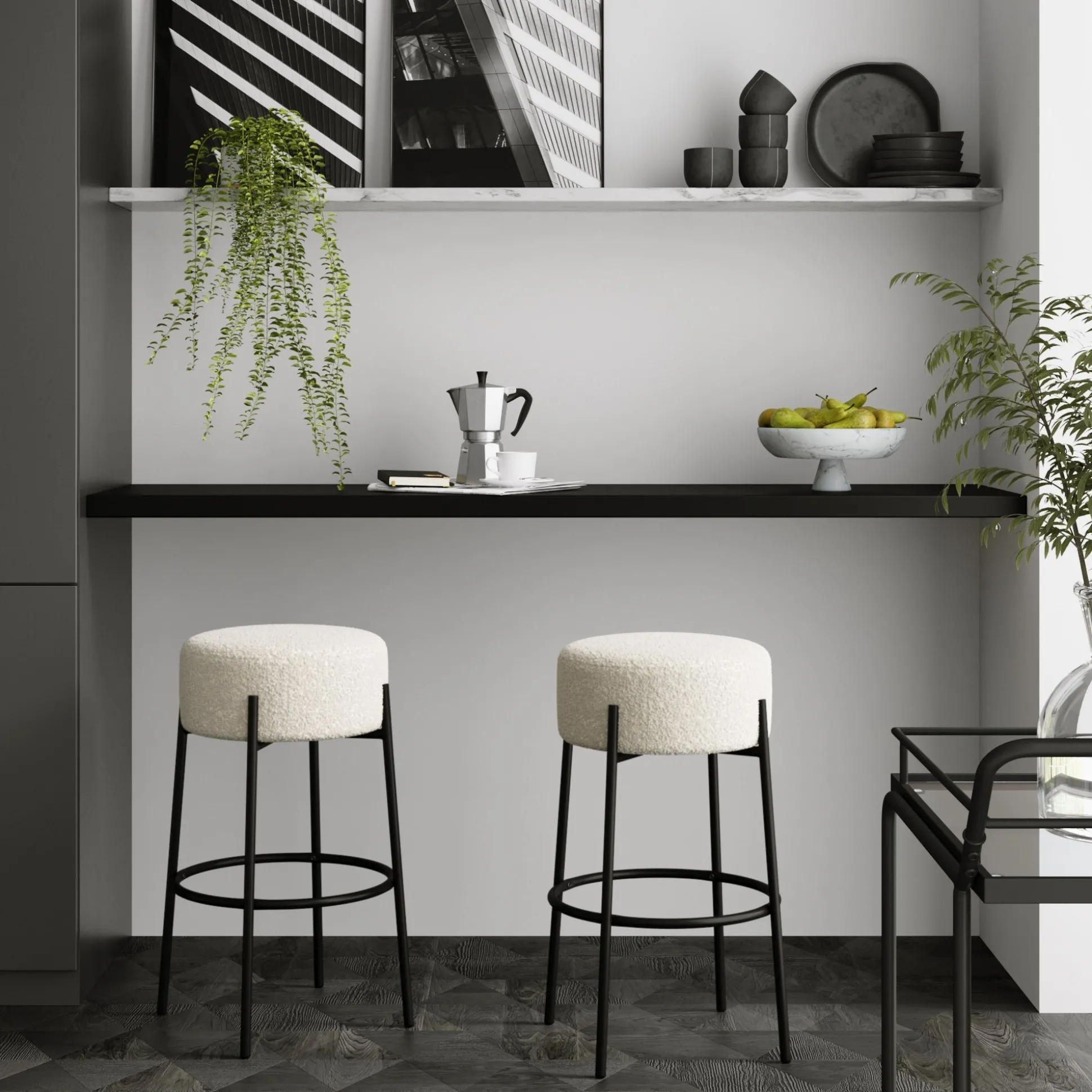 Round Boucle Backless Bar Stools (Set of 2)