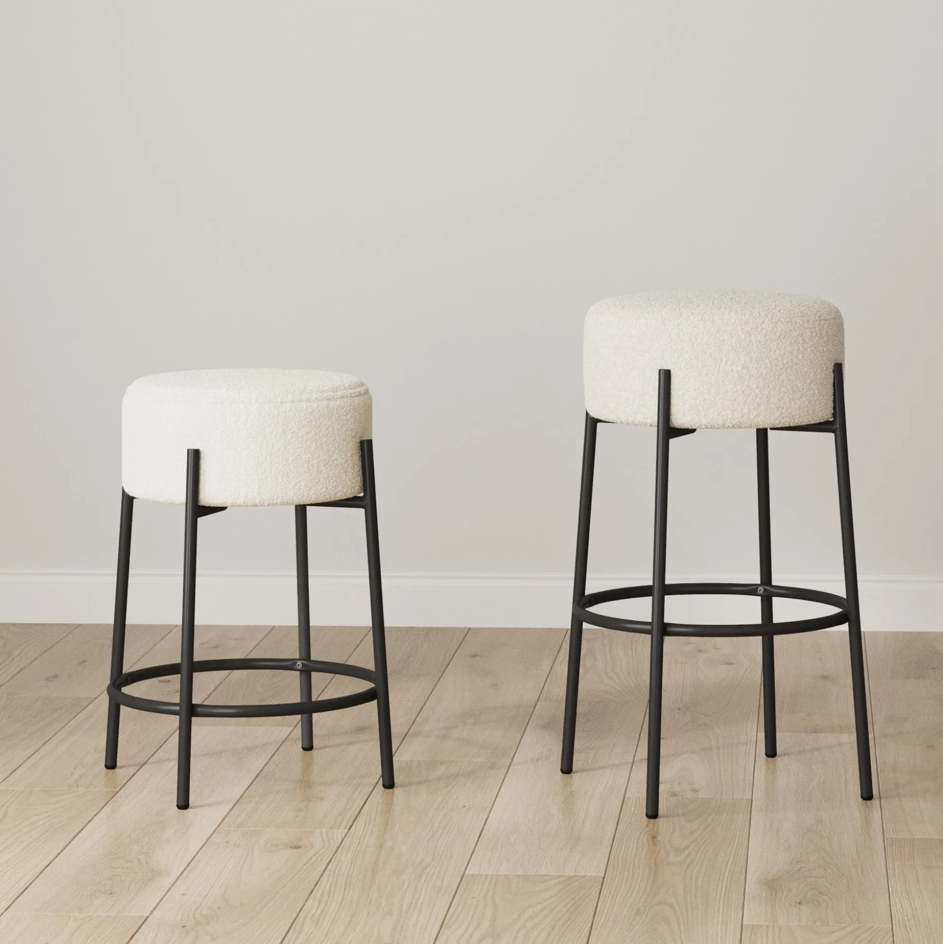 Round Boucle Backless Bar Stools (Set of 2)