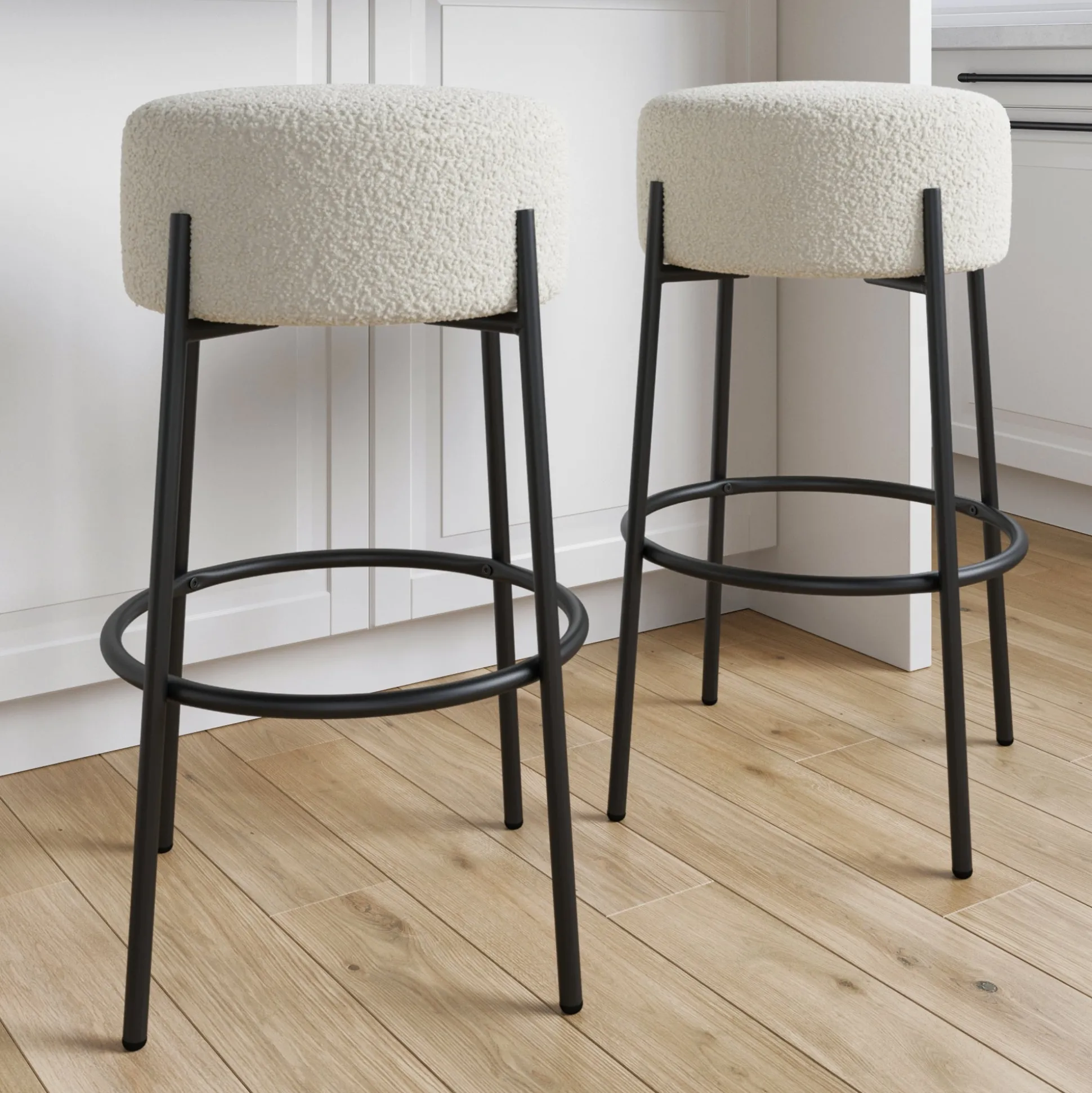Round Boucle Backless Bar Stools (Set of 2)