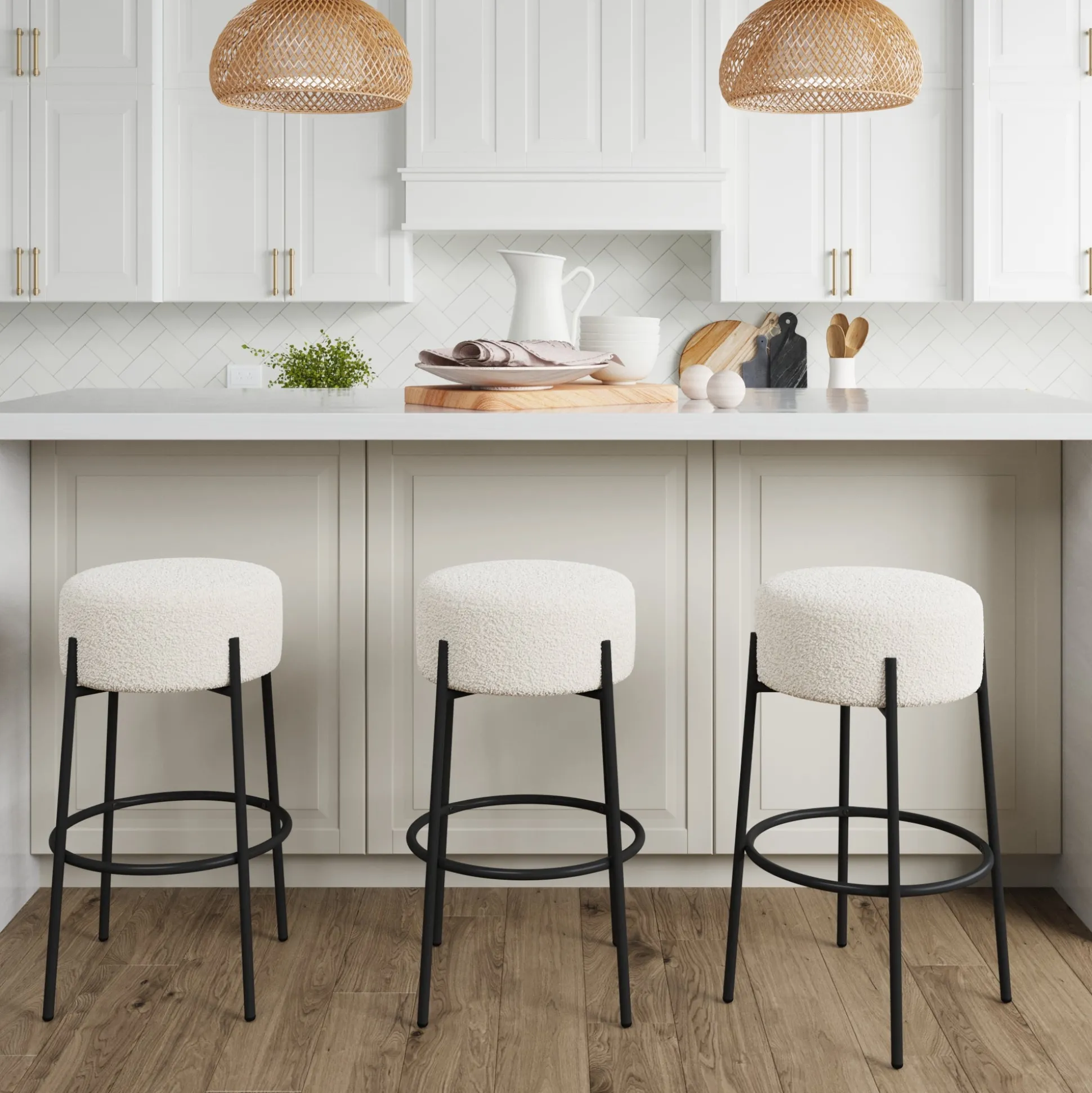 Round Boucle Backless Bar Stools (Set of 3)