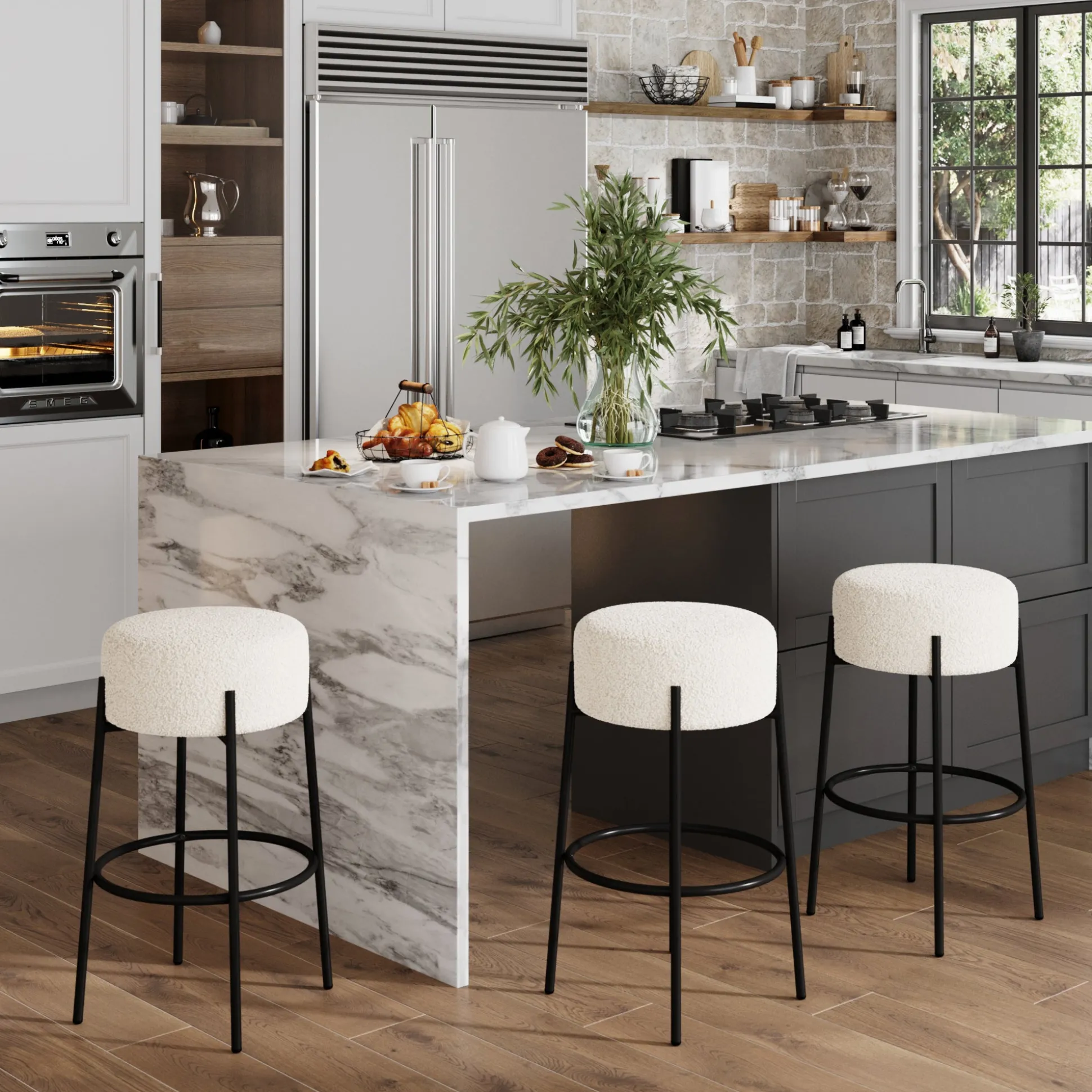 Round Boucle Backless Bar Stools (Set of 3)