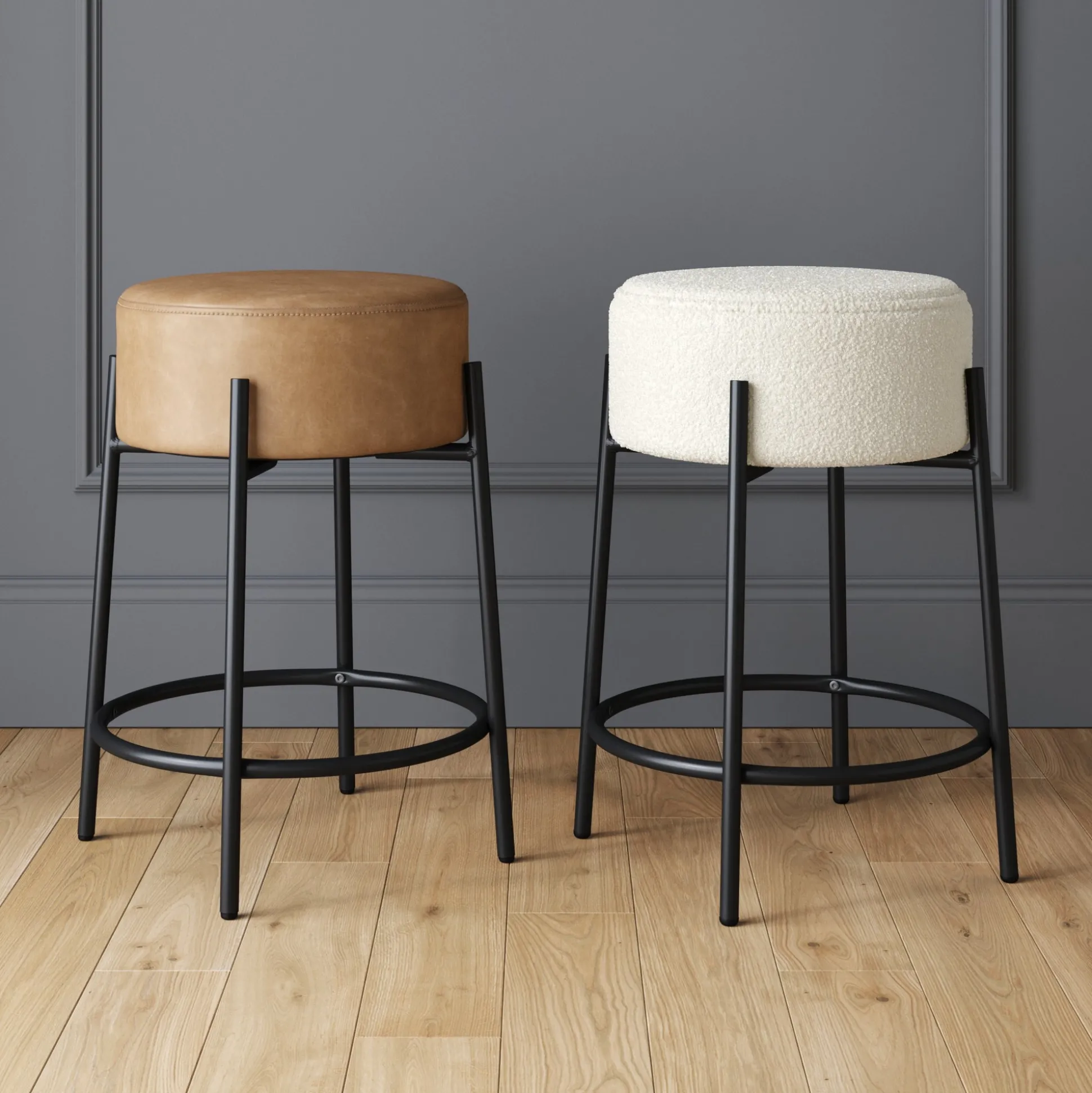 Round Boucle Backless Counter Height Bar Stools (Set of 3)