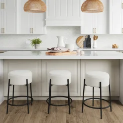 Round Boucle Backless Counter Height Bar Stools (Set of 3)