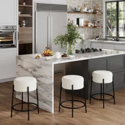 Round Boucle Backless Counter Height Bar Stools (Set of 3)