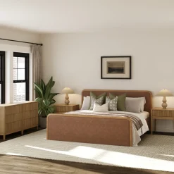Rounded Faux Leather King Bedroom Set with 2 Fluted Dressers and 2 Nightstands Set Light Brown