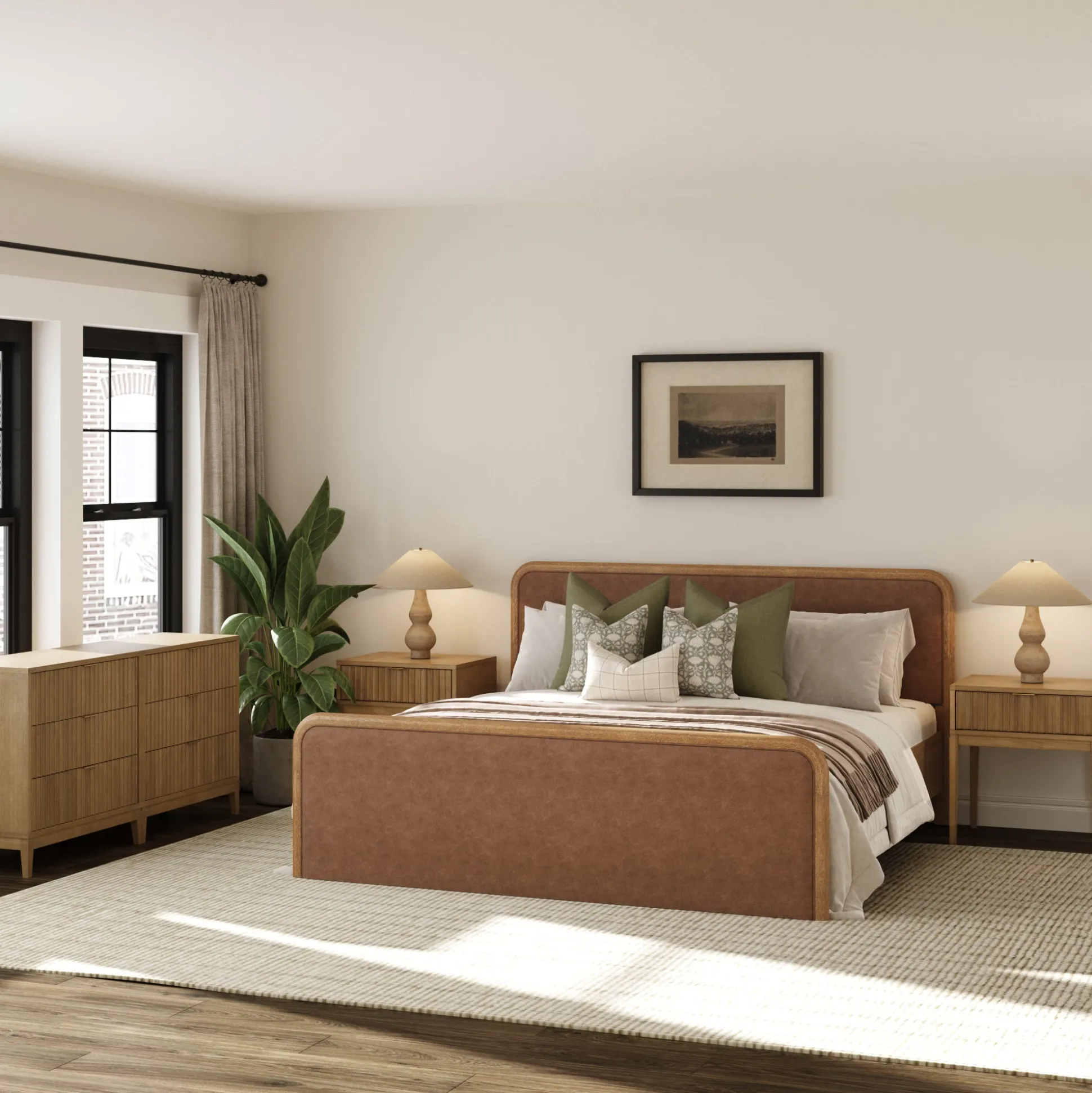 Rounded Faux Leather King Bedroom Set with 2 Fluted Dressers and 2 Nightstands Set Light Brown