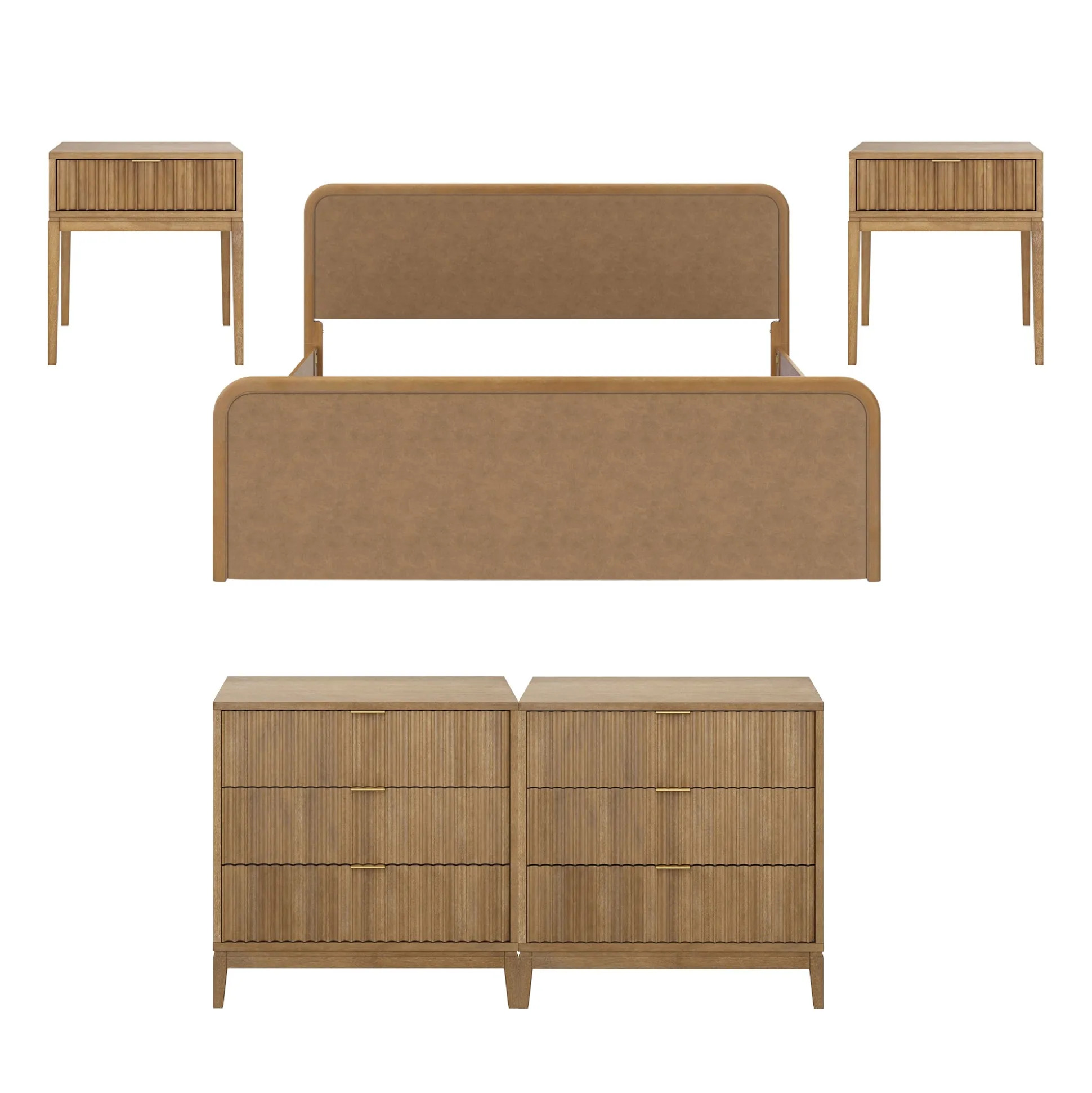 Rounded Faux Leather King Bedroom Set with 2 Fluted Dressers and 2 Nightstands Set Light Brown