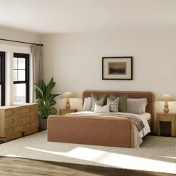 Rounded Faux Leather King Bed Frame with 2 Arched Dressers and 2 Nightstands Set Light Brown