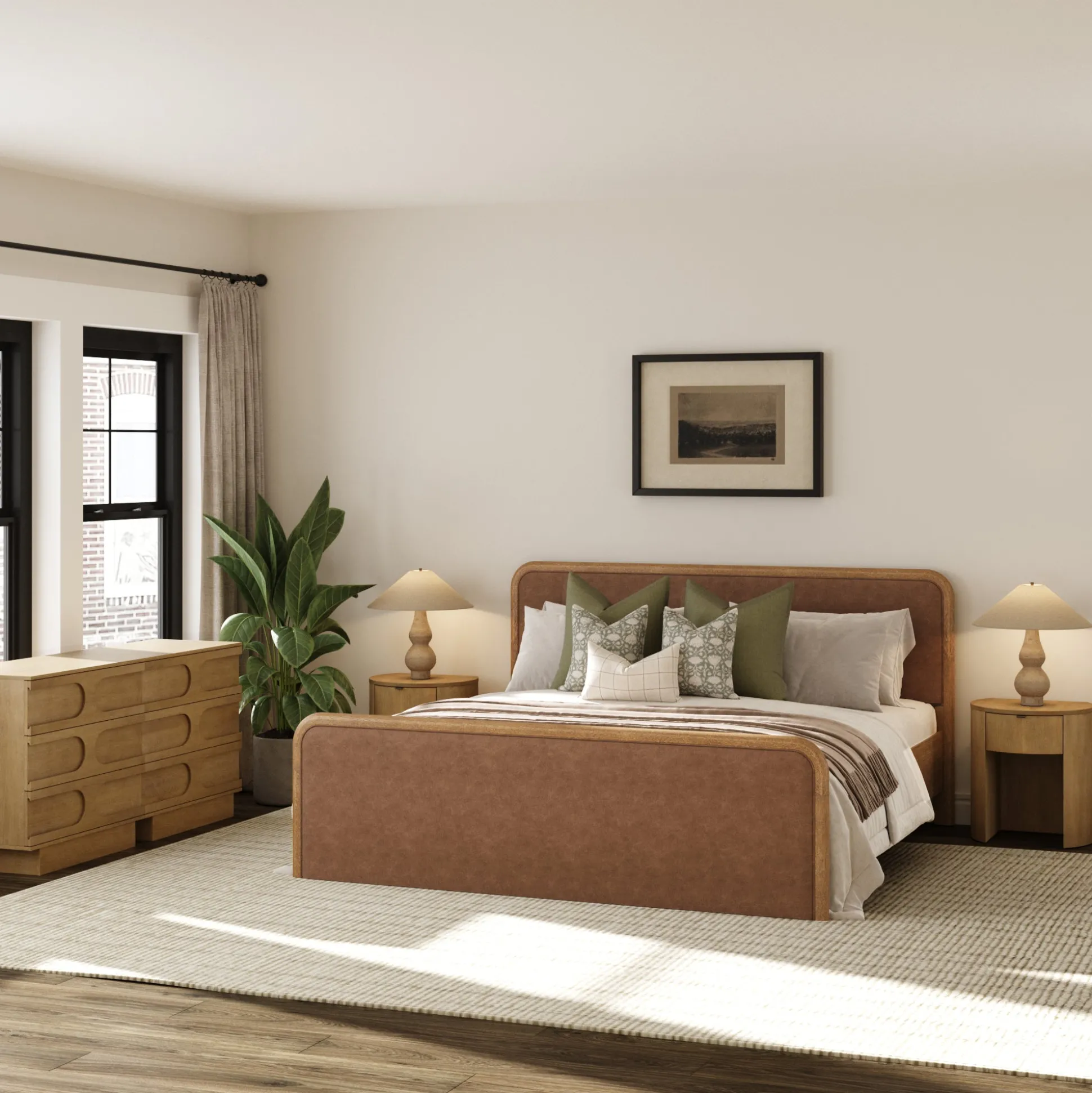 Rounded Faux Leather King Bed Frame with 2 Arched Dressers and 2 Nightstands Set Light Brown