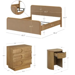 Rounded Faux Leather King Bed Frame with 1 Arched Dresser and 2 Nightstands Set Light Brown