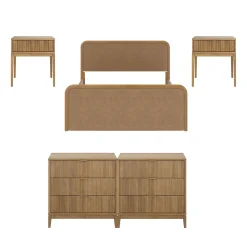 Rounded Faux Leather Queen Bedroom Set with 2 Fluted Dressers and 2 Nightstands Set Light Brown