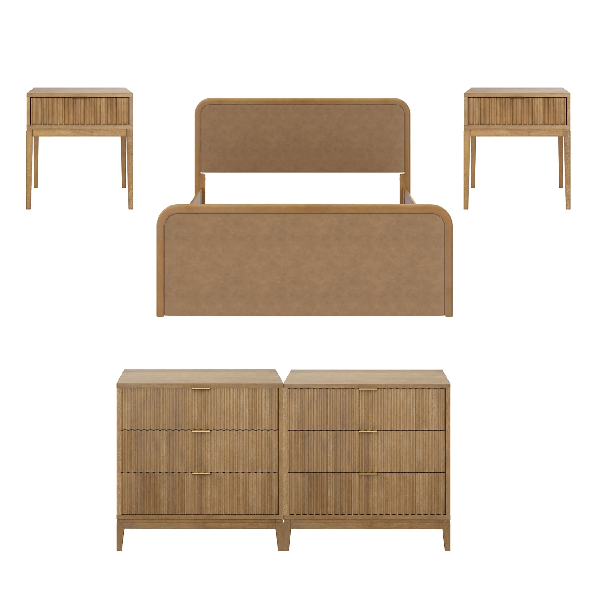 Rounded Faux Leather Queen Bedroom Set with 2 Fluted Dressers and 2 Nightstands Set Light Brown