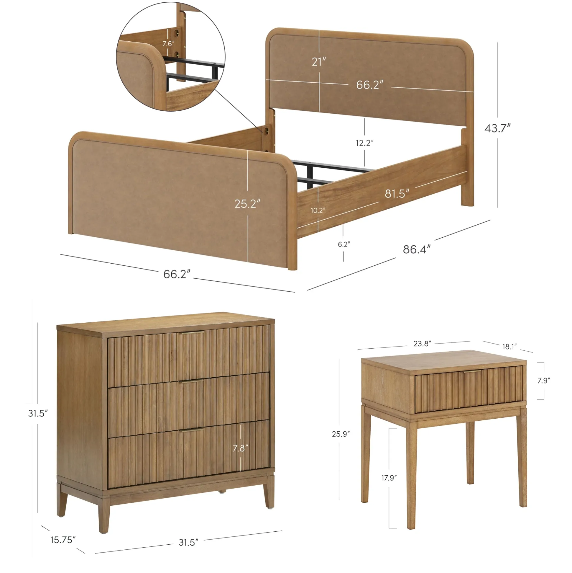 Rounded Faux Leather Queen Bedroom Set with 2 Fluted Dressers and 2 Nightstands Set Light Brown