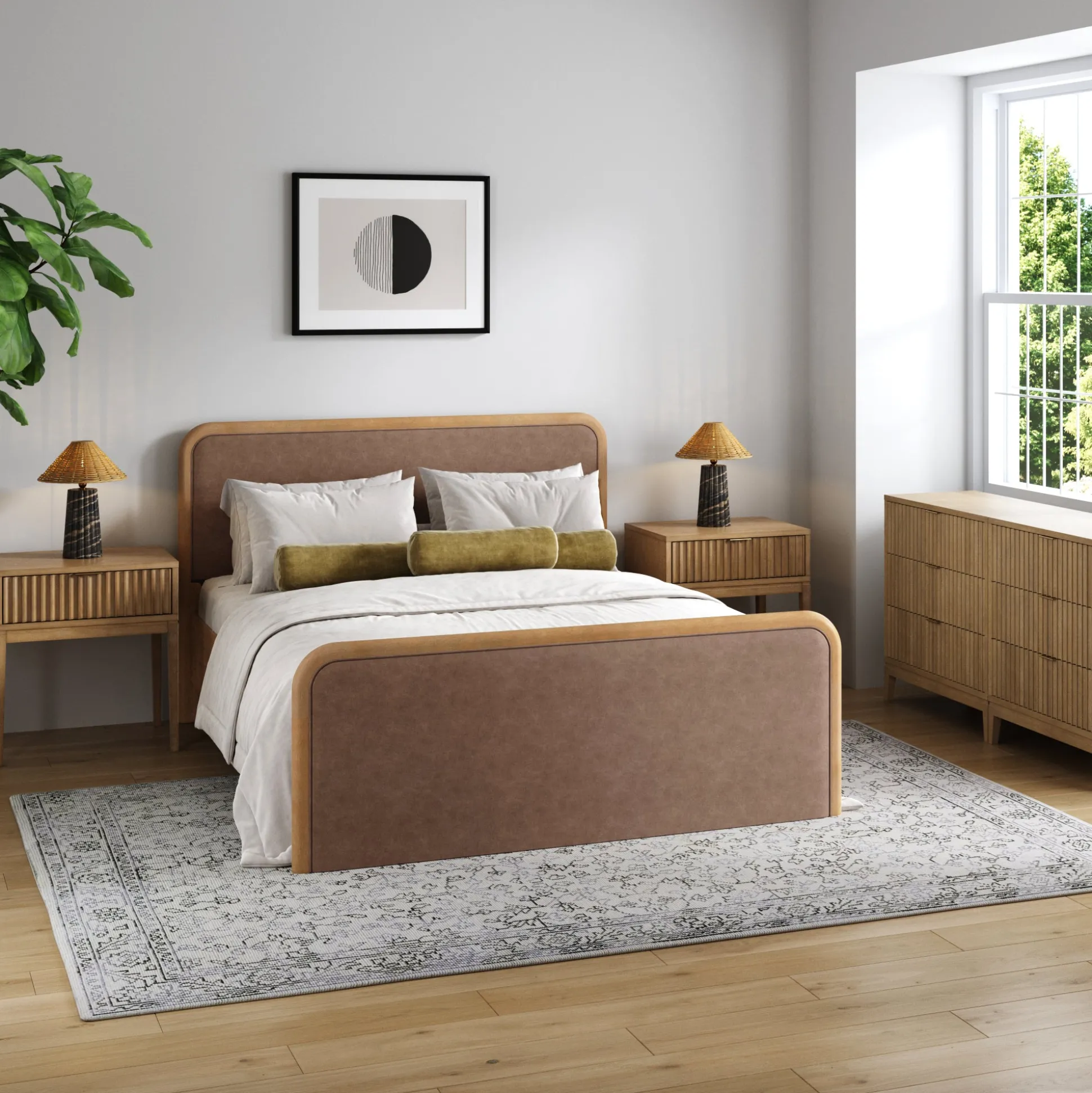 Rounded Faux Leather Queen Bedroom Set with 2 Fluted Dressers and 2 Nightstands Set Light Brown