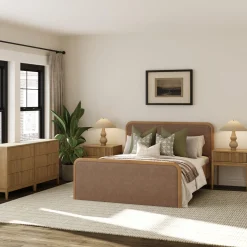 Rounded Faux Leather Queen Bedroom Set with 2 Fluted Dressers and 2 Nightstands Set Light Brown