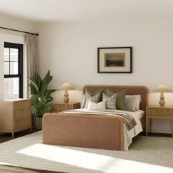 Rounded Faux Leather Queen Bed Frame with 1 Fluted Dresser and 2 Nightstands Set Light Brown