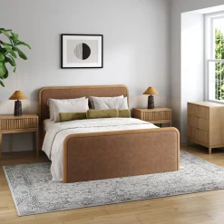 Rounded Faux Leather Queen Bed Frame with 1 Fluted Dresser and 2 Nightstands Set Light Brown