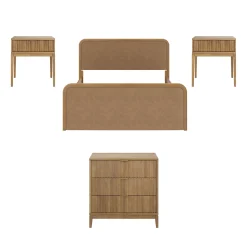 Rounded Faux Leather Queen Bed Frame with 1 Fluted Dresser and 2 Nightstands Set Light Brown