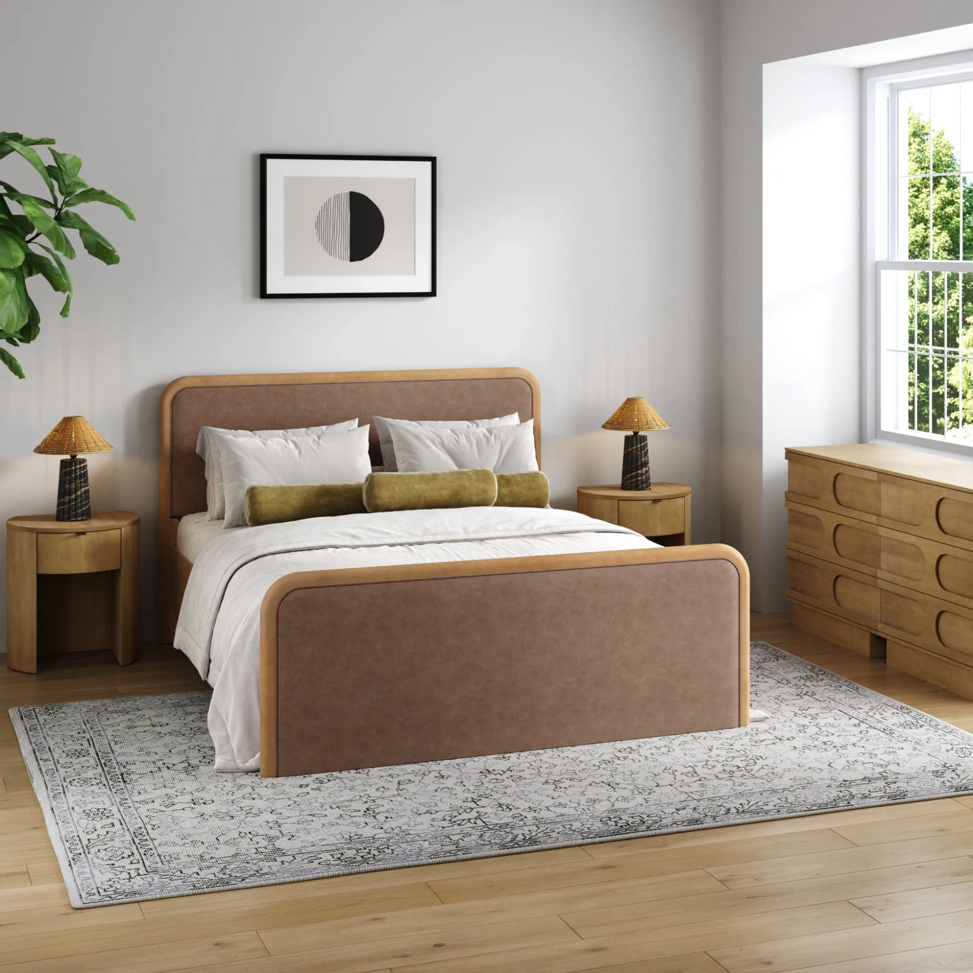 Rounded Faux Leather Queen Bed Frame with 2 Arched Dressers and 2 Nightstands Set Light Brown