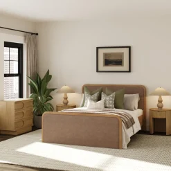 Rounded Faux Leather Queen Bed Frame with 1 Arched Dresser and 2 Nightstands Set Light Brown
