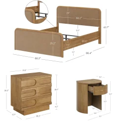 Rounded Faux Leather Queen Bed Frame with 1 Arched Dresser and 2 Nightstands Set Light Brown