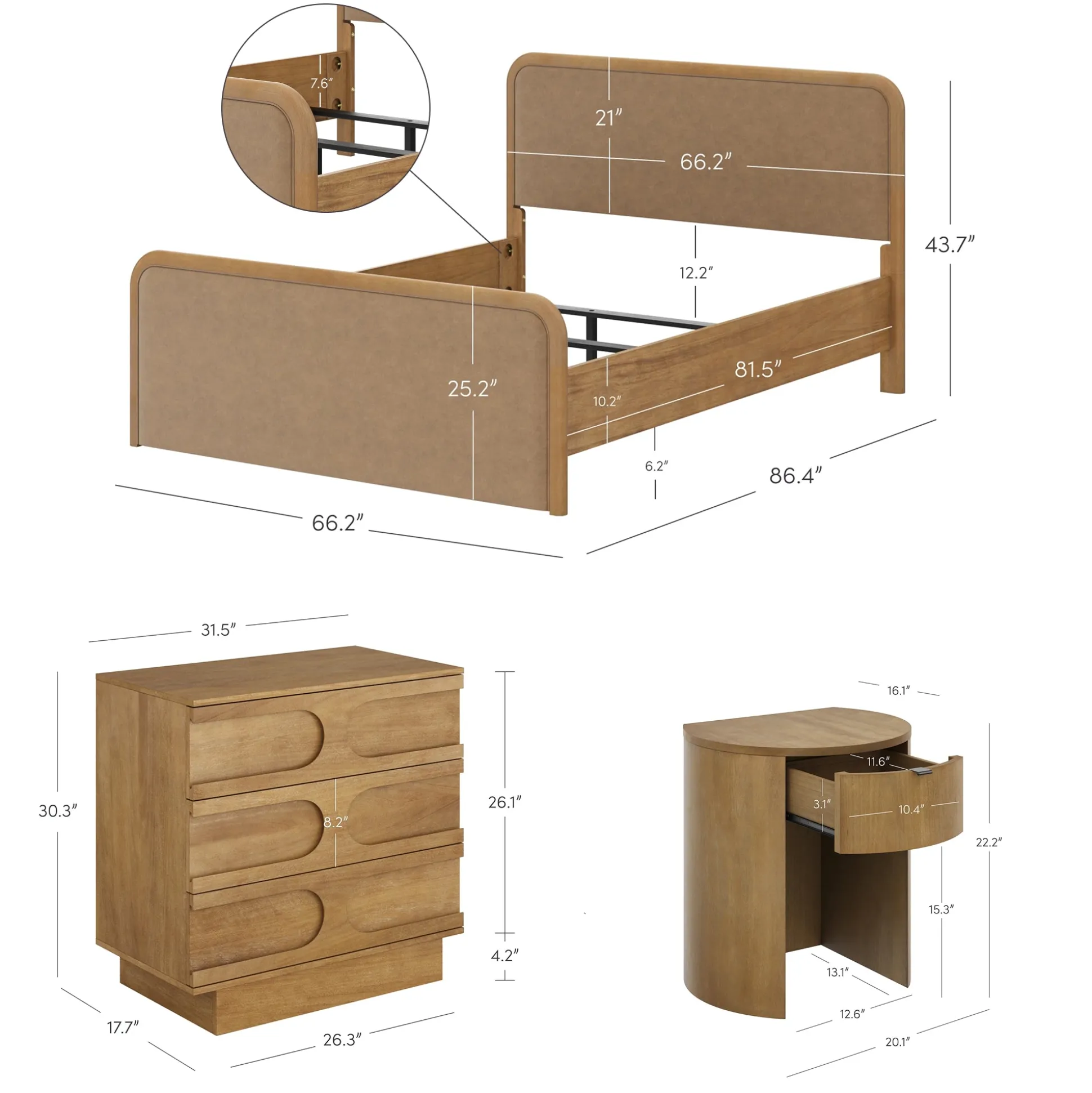 Rounded Faux Leather Queen Bed Frame with 1 Arched Dresser and 2 Nightstands Set Light Brown