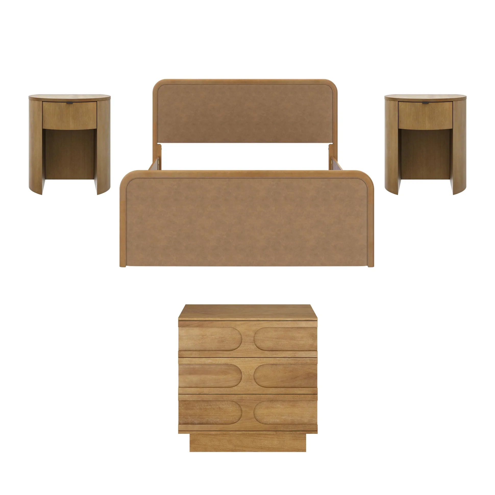 Rounded Faux Leather Queen Bed Frame with 1 Arched Dresser and 2 Nightstands Set Light Brown