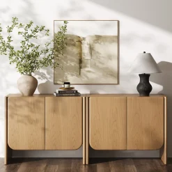 Rounded Wood Accent Cabinet or Kitchen Credenza Raw Oak (Set of 2)