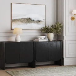 Rounded Wood Cabinet Credenza Black Oak (Set of 2)