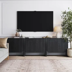 Rounded Wood Cabinet Credenza Black Oak (Set of 3)