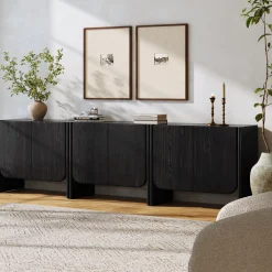Rounded Wood Cabinet Credenza Black Oak (Set of 3)