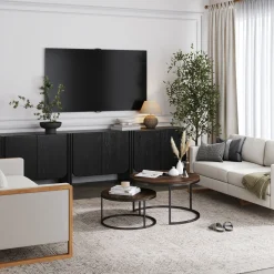 Rounded Wood Cabinet Credenza Black Oak (Set of 3)