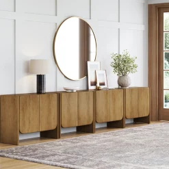 Rounded Wood TV Console Cabinet Light Brown for TVs up to 100"