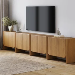 Rounded Wood TV Console Cabinet Light Brown for TVs up to 100