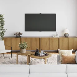 Rounded Wood TV Console Cabinet Light Brown for TVs up to 100