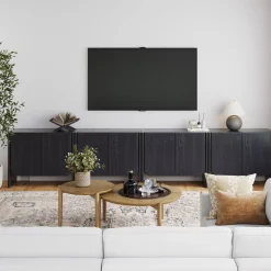 Rounded Wood TV Console Cabinet Black Oak for TVs up to 100