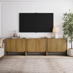 Rounded Wood TV Console Cabinet Light Brown for TVs up to 75