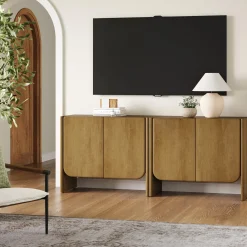 Rounded Wood TV Console Cabinet Light Brown for TVs up to 65