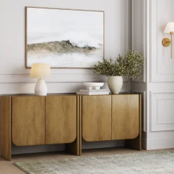 Rounded Wood TV Console Cabinet Light Brown for TVs up to 65