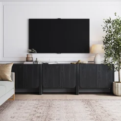 Rounded Wood TV Console Cabinet Black Oak for TVs up to 75