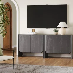Rounded Wood TV Console Cabinet Black Oak for TVs up to 65"