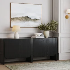 Rounded Wood TV Console Cabinet Black Oak for TVs up to 65