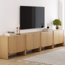 Rounded Wood TV Console Cabinet Raw Oak for TVs up to 100"