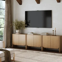 Rounded Wood TV Console Cabinet Raw Oak for TVs up to 75