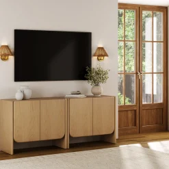 Rounded Wood TV Console Cabinet Raw Oak for TVs up to 65
