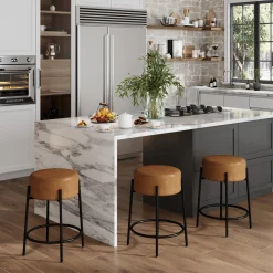Round Faux Leather Backless Counter Height Bar Stools Brown (Set of 3)